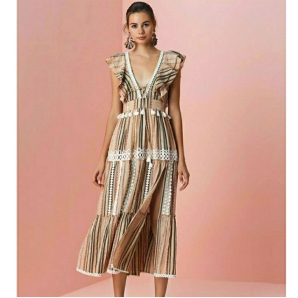 Anthropologie Hemant‎ & Nandita Pixie Boho Printed Fringe Long Maxi Dress Large